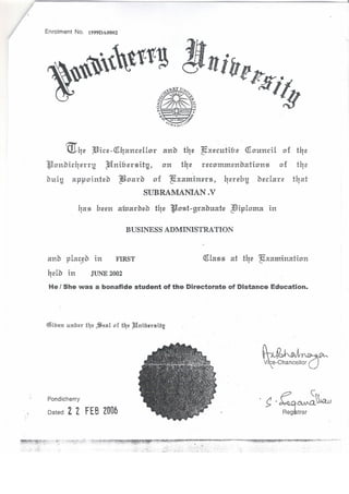 Pfdba PGDBA PONDY UNIVERSTY CERTIFICATE | PDF