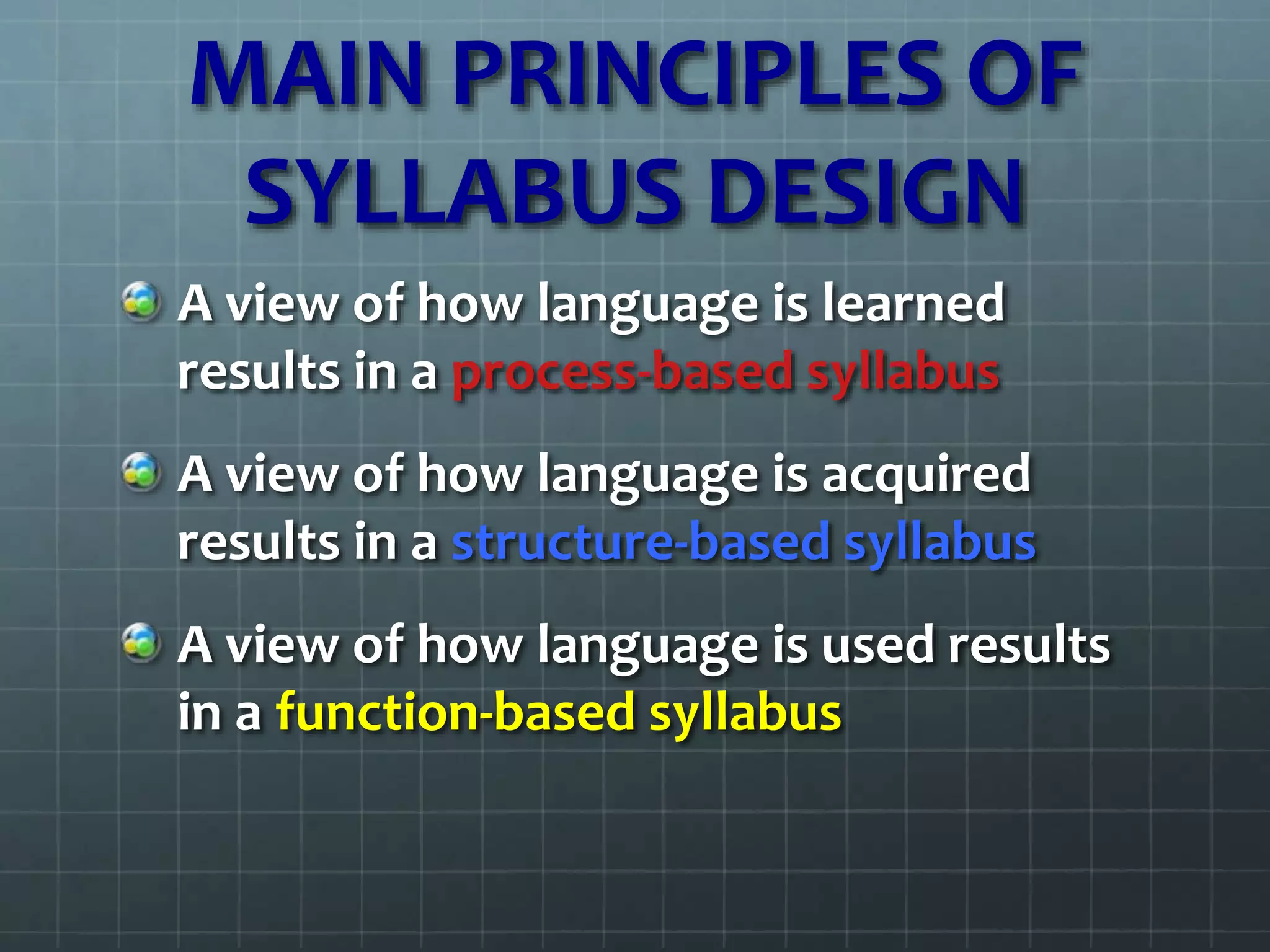 MAIN PRINCIPLES OF
SYLLABUS DESIGN
A view of how language is learned
results in a process-based syllabus
A view of how language is acquired
results in a structure-based syllabus
A view of how language is used results
in a function-based syllabus
 