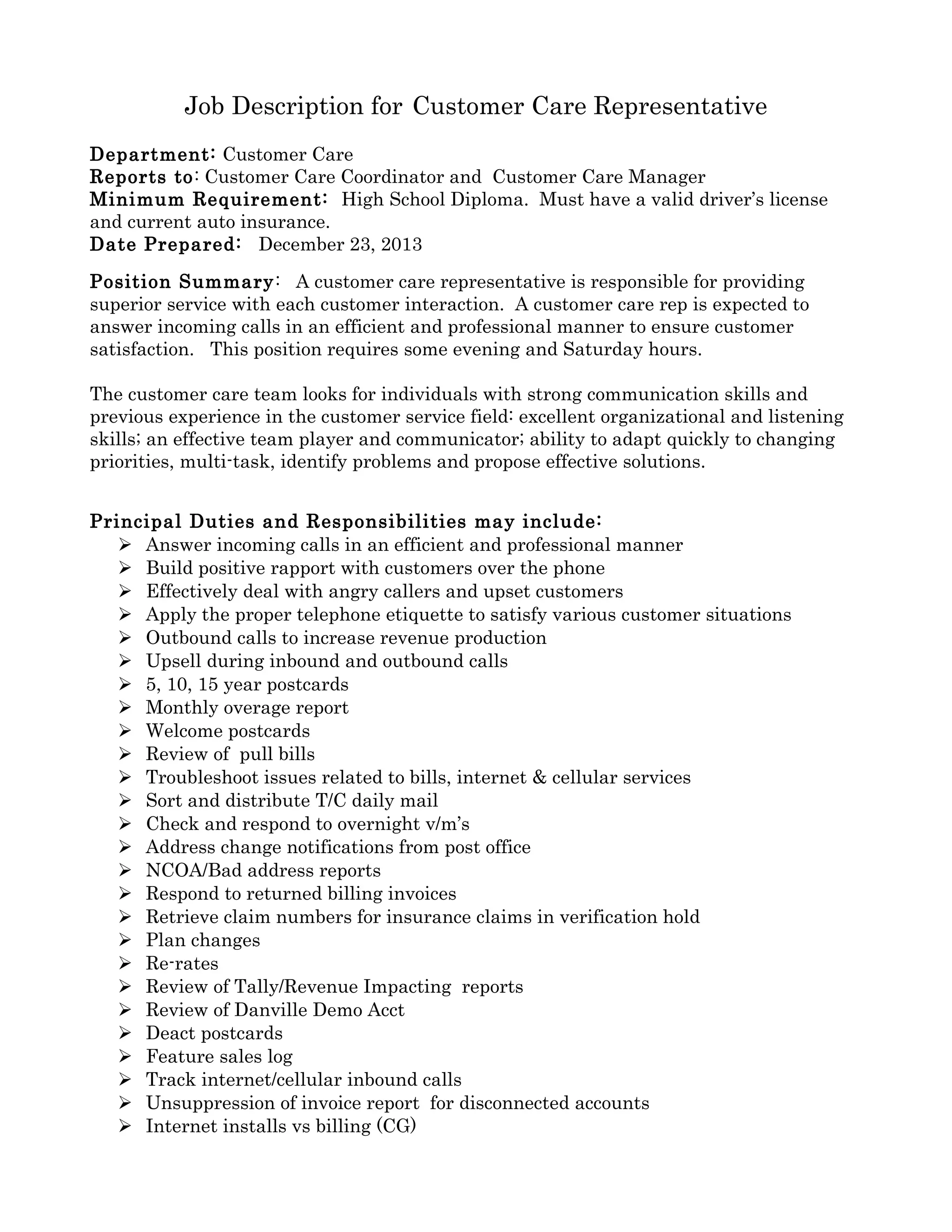 Customer Care Representative Job Description PDF