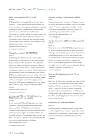 12 | ni.com/nidays
Automated Test and RF Demonstrations
Wafer Probe Loadboard/PIB (STST2 MB)
Booth 5
DTS has a full line of standard PIBs for all major tester
platforms. Custom PIB designs can accommodate any
test head, prober and manipulator configuration, including
probe card changers, overhead direct dock setups and
cable interfaces. DTS wafer test loadboards are
compatible with a variety of pogo pin interface towers. All
PIBs are constructed with impedance control, precision
matched line lengths, full power and ground planes and
both analog and digital resources to provide high quality
signal integrity directly to the device.
DynamicTest Solutions Asia
www.dynamic-test.com
PackageTest Loadboard/ DIB (STS ATE LB)
Booth 5
DTS PackageTest (DIB) loadboards are designed to
specific devices and configured for both hand test and
fully automated handler applications. DTS loadboards
incorporate any brand of socket or contactor and can be
configured for multi-site testing. Designs incorporate all
necessary components, connectors, mechanical hardware
and stiffeners to provide a complete plug-n-play solution.
DTS has a vast database of tester and handler information
which allow designs to be started and completed quickly
without burdening the customer to supply excessive
information. DTS designers are experienced in all device
types, including digital, analog, mixed signal and RF
devices
DynamicTest Solutions Asia
www.dynamic-test.com.
An Integrated HTRB and THB Test Platform for
MOSFETs Using PXI and LabVIEW
Booth 6
A fully automatic HTRB andTHB process was made
possible by integrating a parametric test subsystem
based around the NI PXI platform, with a climatic
chamber.The whole system was controlled by a custom
software created using the NI LabVIEW platform.The
result has reduced the time for each characterization test
from a few days to a few hours, and guarantees that the
test result is easily obtainable and reliable.
EDA Industries (Asia Pacific)
www.eda-industries.net
Automatic Unknown Emitter Detection (AUED)
Booth 7
To detect the unknown emitters in HF frequency range
(3-30MHz) is challenging where the noise floor is uneven
and the HF band is congested with multiple emitters.
Using FPGA-based wavelet analysis, the system can
automatically detect the emitter in real time.
Singapore Technologies Kinetics Ltd
www.stengg.com
Test Development for MEMS Inertial Sensors on NI
STS T2
Booth 8
Observe the power of the NI STS-T2 configuration used
for MEMS Inertial Sensor test while going through the
challenges and constraints faced and how the engineers
solved every single one of them. Also obtain primary
source information on the development methodologies
directly from the exhibitors. Learn more about the
NI-STS’ multi-site testing capabilities and the design
concept of universal mother boards and daughter boards.
Tessolve Engineering Services Pte Ltd
www.tessolve.com
Build your Test Applications with NI PXI and
TestStand
Booth 9
Learn how NI helps to you to develop test systems faster
with ready-to-run Test Management Software, the NI
TestStand. With the combination of the NI TestStand and
the NI PXI platform, you can be sure to increase test
development productivity and reduce overall test costs.
The flexibility of the software-defined measurements are
boundless, providing high-speed measurements with
perfect timing controls.
Base Station and Small Cell PA Design
Booth 10
Efficiently develop software prototypes of your Power
Amplifier design for easy simulation. Explore the simple
demonstration to obtain great insights on ways to readily
retarget base station/FEMtoCell designs to evolving
standards
 