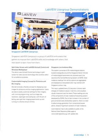 ni.com/nidays | 15
LabVIEW Usergroup Demonstrations
Singapore LabVIEW Usergroup
Singapore LabVIEW Usergroup is a group of LabVIEW enthusiasts that
gathers to improve their LabVIEW skills and knowledge with others. Visit
their booth to learn more from them.
Split Video Screen with LabVIEW ActiveX Control and
Windows Mediaplayer
This demo uses ActiveX Control technology to split
screen for video sources technology that could be useful
for surveillance purposes.
Customizable Imaging Concept for Photonics and
Bio-imaging
We demonstrate a flexible concept for displaying scan
images for photonics and bio-imaging applications. Users
are able to easily customize settings for their imagery
with minimal programming, such as image size,
resolution, signal gain and scaling bar, with the aim of
letting users get their imaging experiments up and
running in a shorter amount of time.
Singapore Live Irradiance Map
The system comprises of 25 meteorological stations
located strategically around the Singapore Island. Full sets
of meteorological parameters are received every one
second at the Central Monitoring System at SERIS. Solar
irradiance readings from all the stations are aggregated
and displayed as interpolated color map overlaid with
Singapore contour map.
The map is updated every 2-3 seconds. It shows rapid
changes of irradiance values in real time, and visualizes
clouds movement over the island.These readings are one
of the components of solar irradiance forecasting system
developed by SERIS. Due to fast increase in the number of
grid connected solar photovoltaic systems, there is a need
to adjust energy generation from conventional power
plants, ahead of signiﬁcant variations of solar irradiance.
Live Irradiance map is also available to public at the
National Solar Repository Web page at:
www.solar-repository.sg, with update rate.
 