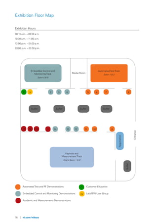 16 | ni.com/nidays
Exhibition Floor Map
Exhibition Hours
08:15 a.m. – 09:00 a.m.
10:30 a.m. – 11:00 a.m.
12:00 p.m. – 01:00 p.m.
03:00 p.m. – 03:30 p.m.
AutomatedTestTrack
Salon 1 & 2
Embedded Control and
MonitoringTrack
Salon 5 & 6
Keynote and
MeasurementTrack
Grand Salon 1 & 2
Entrance
Registration
Media Room
Buffet Buffet Buffet Buffet
Buffet
AutomatedTest and RF Demonstrations
Embedded Control and Monitoring Demonstrations
Academic and Measurements Demonstrations
C LV 2 3 4 5 6 7 8
9101112131 14151617
C Customer Education
LabVIEW User GroupLV
 