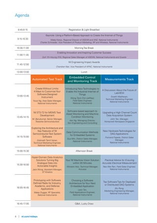 4 | ni.com/nidays
Agenda
8:45-9:15 Registration & Light Breakfast
9:15-10:30
Keynote: Using a Platform-Based Approach to Create the Internet ofThings
Matej Kranjc, Regional Director of ASEAN and ANZ, National Instruments
Charles Schroeder, Vice President of Product Marketing, RF and Wireless, National Instruments
10:30-11:00 MorningTea Break
11:00-11:45
Enabling Innovation and Inspiring Customer Success
Goh Yih-Hsiung (YH), Regional Sales Manager of ASEAN, National Instruments and Guests
11:45-12:00
NI Engineering Impact Awards
Chandran Nair, Vice President of APAC, National Instruments
12:00-13:00 Lunch
Automated Test Track
Embedded Control
and Monitoring Track
Measurements Track
13:00-13:45
Create Without Limits:
4 Ways to CustomizeYour
Software-Designed
Instrument
Yousi Ng, Area Sales Manager,
National Instruments
Introducing NewTechnologies to
Enable the Industrial Internet of
Things
Wong Teck Chin (Jeffrey),
Field Sales Engineer,
National Instruments
A Discussion About the Future of
LabVIEW
Swathi Madhavan,
Technical Marketing Engineer,
National Instruments
13:45-14:15
NI STS-T2 for MEMS Test
Development
M. Banukumar, Senior Manager,
Tessolve Semiconductors
Software-based approach to
Asset Monitoring and Machine
Condition Monitoring
Ken Ng, Managing Director,
Ken Engineering and Consulting
Upgrading a High Channel Count
Data Acquisition System
John Tan, Manager,
Honeywell Aerospace Singapore
14:15-15:00
Exploring the Architecture and
Key Features of NI
SemiconductorTest System
Software
Gobinath Tamil Vanan,
Technical Marketing Engineer,
National Instruments
Data Communication Methods
for Embedded Systems
Guo Min, District Sales Manager,
National Instruments
New HardwareTechnologies for
DAQ Applications
Froinand Fajardo, District Sales
Manager,
National Instruments
15:00-15:30 Afternoon Break
15:30-16:00
Hyper-Domain Data Analytics
Solutions Turning Big
Analogue Data into
Actionable Insights
Jack Wong, Assistant Manager,
ST Kinetics
Your NI Machine Vision Solution
within 30 Minutes
Winston Hoo, Technical Manager,
Accusys
Practical Advice for Ensuring
Accurate Electrical Measurement
Neo Wei Ren, Field Sales Engineer,
National Instruments
16:00-16:45
Prototyping with Software
Deﬁned Radio for Industry,
Academic, and Defense
Applications
Malay Duggar, RF Specialist,
National Instruments
Choosing a Software
Architecture forYour Next
Embedded Application
Leon Tan,
Field Applications Engineer,
National Instruments
Top SoftwareTips for Deployed
or Distributed DAQ Systems
Wu Rong,
Marketing Engineering Manager,
National Instruments
16:45-17:00 Q&A, Lucky Draw
 