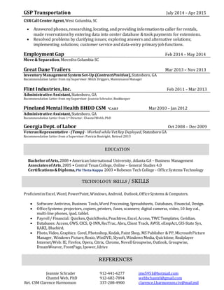GSP Transportation July 2014 – Apr 2015
CSRCall Center Agent,West Columbia, SC
 Answered phones, researching, locating, and providing information to caller for rentals,
made reservations by entering data into center database & took payments for extensions.
 Resolved problems by clarifying issues; exploring answers and alternative solutions;
implementing solutions; customer service and data-entry primary job functions.
.
Employment Gap Feb 2014 – May 2014
Move& Separation, MovedtoColumbia SC
..
Great Dane Trailers Mar 2013 – Nov 2013
InventoryManagementSystemSet-Up (ContractPosition),Statesboro, GA
Recommendation Letter from my Supervisor: Mitch Driggers, Maintenance Manager
.
Flint Industries,Inc. Feb 2011 – Mar 2013
AdministrativeAssistant,Statesboro, GA
Recommendation Letter from my Supervisor: Jeannie Schrader,Bookkeeper
.
Pineland Mental Health BHDD CSM *CARF Mar2010 – Jan 2012
AdministrativeAssistant,Statesboro, GA
Recommendation Letter from 1st Director: ChantelWebb,PhD
GeorgiaDept. of Labor Oct 2008 – Dec 2009
VeteranRepresentative -(Temp)- Worked whileVetRep Deployed,StatesboroGA
Recommendation Letter from a Supervisor: Patricia Boatright, Retired 2013
EDUCATION
BachelorofArts,2008 • American International University, Atlanta GA – Business Management
AssociatesofArts,2005 • Central Texas College, Online – General Studies 4.0
Certifications&Diploma,PhiTheta Kappa 2003 • Robeson Tech College - OfficeSystems Technology
TECHNOLOGY SKILLS / SKILLS
Proficientin Excel, Word,PowerPoint,Windows,Android, Outlook,OfficeSystems & Computers.
 Software:Antivirus, Business Tools,Word Processing, Spreadsheets, Databases, Financial, Design.
 OfficeSystems: projectors, copiers, printers, faxes, scanners; digital cameras, video,10-key cal.,
multi-line phones, ipad, tablet.
 Payroll/ Financial: Quicken,QuickBooks,Peachtree, Excel,Access, TWC Templates, Ceridian.
 Databases: Access, GWS, CICS, Q-INN,RecTrac, Abra, Client Track, AWSI, eEmpAct, GIS-State Sys,
KARZ, Bluebird.
 Photo,Video, Graphics: Corel, Photoshop, Kodak, Paint Shop, MS Publisher & PP,MicrosoftPicture
Manager, Windows Picture,Roxio, WinDVD, Slysoft,Windows Media, Quicktime, Realplayer
Internet/Web: IE, Firefox, Opera, Citrix, Chrome, NovellGroupwise, Outlook, Groupwise,
DreamWeaver, FrontPage, Ipower, Idrive
REFERENCES
Jeannie Schrader 912-441-6277 jms5951@hotmail.com
Chantel Web, PhD 912-682-7894 webbchantel@gmail.com
Ret. CSM Clarence Harmonson 337-208-4900 clarence.l.harmonson.civ@mail.mil
 