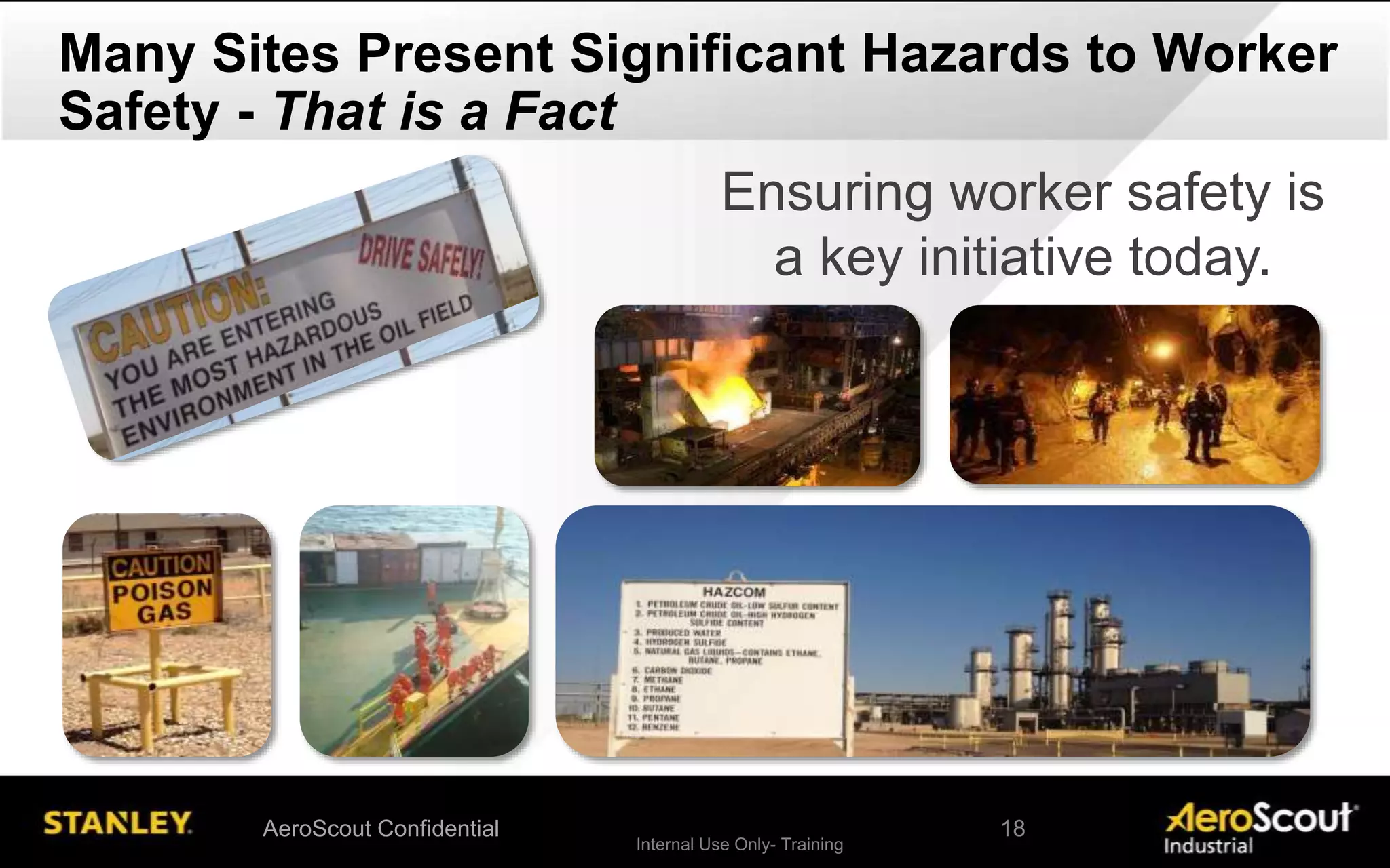 Internal Use Only- Training
Many Sites Present Significant Hazards to Worker
Safety - That is a Fact
Ensuring worker safety is
a key initiative today.
AeroScout Confidential 18
 