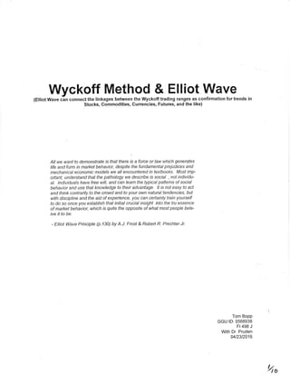 Wyckoff Method & Elliot Wave
(E,iotwave can conn"tff::11tffi::H:::"'r,ffir:rx#J{:x1'ffiii-!fnri'*'tion fortrends in
Att we want to demonstrate is that there is a force or law wltich generates
tife and form in market behavior, despite the fundamental prejudices and
mechanical economic models we all encountered in textbooks. Most imp-
ortant, understand that the pathology we describe is socra/ , not individu-
at. tndividuals have free will, and can learn the typical patterns of social
behavior and use that knowledge to their advantage. lt is not easy to act
and think contrarily to the crowd and to your own natural tendencieg buf
with discipline and the aid of experience, you can cerTainly train yourself
to do so once you establish that initial crucial insight into the tru essence
of market behavior, which is quite the opposite of what most people bele-
ive it to be.
- Elliot Wave Principle (p.130) by A.J. Frost & Robert R. Prechter Jr.
Tom BoPP
GGU lD: 0568938
FI 498 J
With Dr. Pruden
0412312016
4o
 