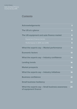 United States
Auto and Asset Finance
Country Survey 2016
4
United States
Auto and Asset Finance
Country Survey 2016
Contents
Acknowledgements	 3
The US at a glance	 6
The US equipment and auto finance market	 8
Equipment finance trends	 8
Performance in 2015 and 2016	 9
What the experts say – Market performance	 11
Economic factors	 13
What the experts say – Industry confidence	 14
Lending trends	 16
Market prospects	 18
What the experts say – Industry initiatives 	 19
Business confidence	 21
Small business hesitancy	 22
What the experts say – Small business awareness 	 24
of equipment finance	
 