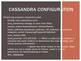 Clustering property cassandra.yaml
• Config /etc/cassandra/conf
• auto_bootstrap change to true from false.
• cluster_name SaamaCluster (ClusterName)
• listen_address/broadcast_address: (IP_address of machine)
endpoint_snitch GossipingPropertyFileSnitch
• num_tokens 256
• seed_provider 172.23.6.84 // When a node joins a cluster, it
contacts the seed node(s) to determine the ring topology and
obtain gossip information
• //about the other nodes in the cluster. Seed
nodes are not a single point of failure, used in cluster
operations for bootstrapping of nodes
• RPC_ADDRESS
CASSANDRA CONFIGURATION
 