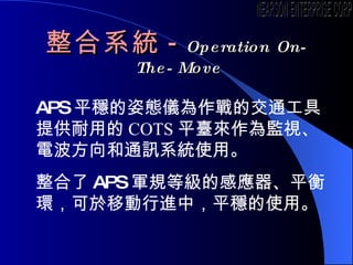 ϵy - Operation On-The-Move APS ƽˑBxĽͨṩõ COTS ƽ_Oҕ늲ͨӍϵyʹá  APS ܊ҎȼĸБƽhƄMУƽʹá NEARSON ENTERPRISE CORP. 