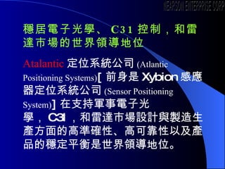 ӹW C31 ƣ_ЈIλ Atalantic λϵy˾ (Atlantic Positioning Systems) [ ǰ Xybion Бλϵy˾ (Sensor Positioning System) ] ֧܊ӹW C3I _ЈOӋcuaĸߜʴ_ԡ߿ɿԼaƷķƽIλ NEARSON ENTERPRISE CORP. 