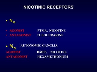 NICOTINIC RECEPTORS
• NM
• AGONIST PTMA, NICOTINE
• ANTAGONIST TUBOCURARINE
• NN
AUTONOMIC GANGLIA
AGONIST DMPP, NICOTINE
ANTAGONIST HEXAMETHONIUM
 