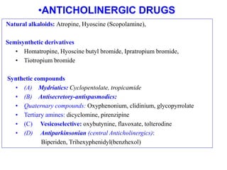 Natural alkaloids: Atropine, Hyoscine (Scopolamine),
Semisynthetic derivatives
• Homatropine, Hyoscine butyl bromide, Ipratropium bromide,
• Tiotropium bromide
Synthetic compounds
• (A) Mydriatics: Cyclopentolate, tropicamide
• (B) Antisecretory-antispasmodics:
• Quaternary compounds: Oxyphenonium, clidinium, glycopyrrolate
• Tertiary amines: dicyclomine, pirenzipine
• (C) Vesicoselective: oxybutynine, flavoxate, tolterodine
• (D) Antiparkinsonian (central Anticholinergics):
Biperiden, Trihexyphenidyl(benzhexol)
•ANTICHOLINERGIC DRUGS
 