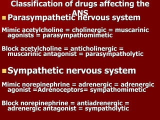 Classification of drugs affecting the
ANS
 Parasympathetic nervous system
Mimic acetylcholine = cholinergic = muscarinic
agonists = parasympathomimetic
Block acetylcholine = anticholinergic =
muscarinic antagonist = parasympatholytic
Sympathetic nervous system
Mimic norepinephrine = adrenergic = adrenergic
agonist =Adrenoceptors= sympathomimetic
Block norepinephrine = antiadrenergic =
adrenergic antagonist = sympatholytic
 