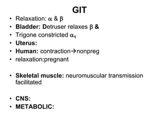 GIT
• Relaxation: a & b
• Bladder: Detruser relaxes b &
• Trigone constricted a1
• Uterus:
• Human: contractionnonpreg
• relaxation:pregnant
• Skeletal muscle: neuromuscular transmission
facilitated
• CNS:
• METABOLIC:
 