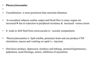• Phenoxybenzamine
•
• Venodilatation is more prominent than arteriolar dilatation
• In recumbent subjects cardiac output and blood flow to many organs are
increased due to reduction in peripheral resistance & increased venous return
• It tends to shift fluid from extravascular to vascular compartment.
• Phenoxybenzamine is lipid soluble, penetrates brain and can produce CNS
stimulation, nausea and vomiting on rapid i.v. injection
• Oral doses produce, depression, tiredness and lethargy. postural hypotensiory ,
palpitation, nasal blockage, miosis, inhibition of ejaculation
 