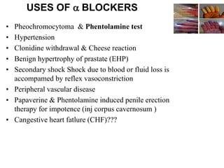 • Pheochromocytoma & Phentolamine test
• Hypertension
• Clonidine withdrawal & Cheese reaction
• Benign hypertrophy of prastate (EHP)
• Secondary shock Shock due to blood or fluid loss is
accompamed by reflex vasoconstriction
• Peripheral vascular disease
• Papaverine & Phentolamine induced penile erection
therapy for impotence (inj corpus cavernosum )
• Cangestive heart fatlure (CHF)???
USES OF a BLOCKERS
 