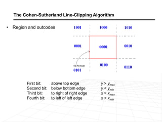 • Region and outcodes
The Cohen-Sutherland Line-Clipping Algorithm
First bit: above top edge y > ymax
Second bit: below bottom edge y < ymin
Third bit: to right of right edge x > xmax
Fourth bit: to left of left edge x < xmin
 