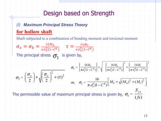 Design based on Strength
(i) Maximum Principal Stress Theory
for hollow shaft
Shaft subjected to a combination of bending moment and torsional moment
32𝑀𝑏
𝑜
𝜋𝑑3 1−𝐶4
𝜎𝑥 = 𝜎𝑏 = 𝜏 = 16𝑀𝑡
𝑜
𝜋𝑑3 1−𝐶4
The principal stress is given by,
The permissible value of maximum principal stress is given by,
13
 