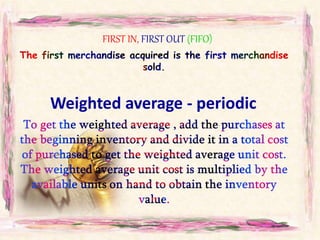FIRST IN, FIRST OUT (FIFO)
Weighted average - periodic
 