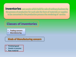 Inventories -are assets which held for sale of ordinary business by
the process of production for such sale the form of materials or supplies
to be consumed in the production process the rendering of service.
Classes of inventories
• Trading concern
• Manufacturing
Kinds of Manufacturing concern
• Finished good
• Goods in process
• Raw material
 