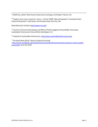 COPYRIGHT 2014 BY CH2M HILL, Inc. Page 12
9
CH2M HILL, (2012) “West Coast Infrastructure Exchange, Final Report” Denver, CO.
10
Hawken, Paul; Lovins, Amory B.; Lovins, L. Hunter (1999) “Natural Capitalism: Creating the Next
Industrial Revolution” Little Brown and Company New York City, USA
Rocky Mountain Institute <http://www.rmi.org/>
11
Council on Environmental Quality and Office of Public Engagement Roundtable: Executing a
Sustainable Infrastructure Vision (2012), Washington, D.C.
12
Institute for Sustainable Infrastructure http://www.sustainableinfrastructure.org/
13
The World Bank (2013) “Natural Capital Accounting”
<http://www.worldbank.org/en/topic/environment/brief/environmental-economics-natural-capital-
accounting> (June 30, 2012)
 