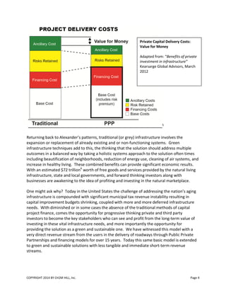 COPYRIGHT 2014 BY CH2M HILL, Inc. Page 4
5
Returning back to Alexander’s patterns, traditional (or grey) infrastructure involves the
expansion or replacement of already existing and or non-functioning systems. Green
infrastructure techniques add to this, the thinking that the solution should address multiple
outcomes in a balanced way by taking a holistic systems approach to the solution often times
including beautification of neighborhoods, reduction of energy use, cleaning of air systems, and
increase in healthy living. These combined benefits can provide significant economic results.
With an estimated $72 trillion6
worth of free goods and services provided by the natural living
infrastructure, state and local governments, and forward thinking investors along with
businesses are awakening to the idea of profiting and investing in the natural marketplace.
One might ask why? Today in the United States the challenge of addressing the nation’s aging
infrastructure is compounded with significant municipal tax revenue instability resulting in
capital improvement budgets shrinking, coupled with more and more deferred infrastructure
needs. With diminished or in some cases the absence of the traditional methods of capital
project finance, comes the opportunity for progressive thinking private and third party
investors to become the key stakeholders who can see and profit from the long-term value of
investing in these vital infrastructure needs, and more importantly the opportunity for
providing the solution as a green and sustainable one. We have witnessed this model with a
very direct revenue stream from the users in the delivery of roadways through Public Private
Partnerships and financing models for over 15 years. Today this same basic model is extended
to green and sustainable solutions with less tangible and immediate short-term revenue
streams.
Private Capital Delivery Costs:
Value for Money
Adapted from: “Benefits of private
investment in infrastructure”
Kearsarge Global Advisors, March
2012
 