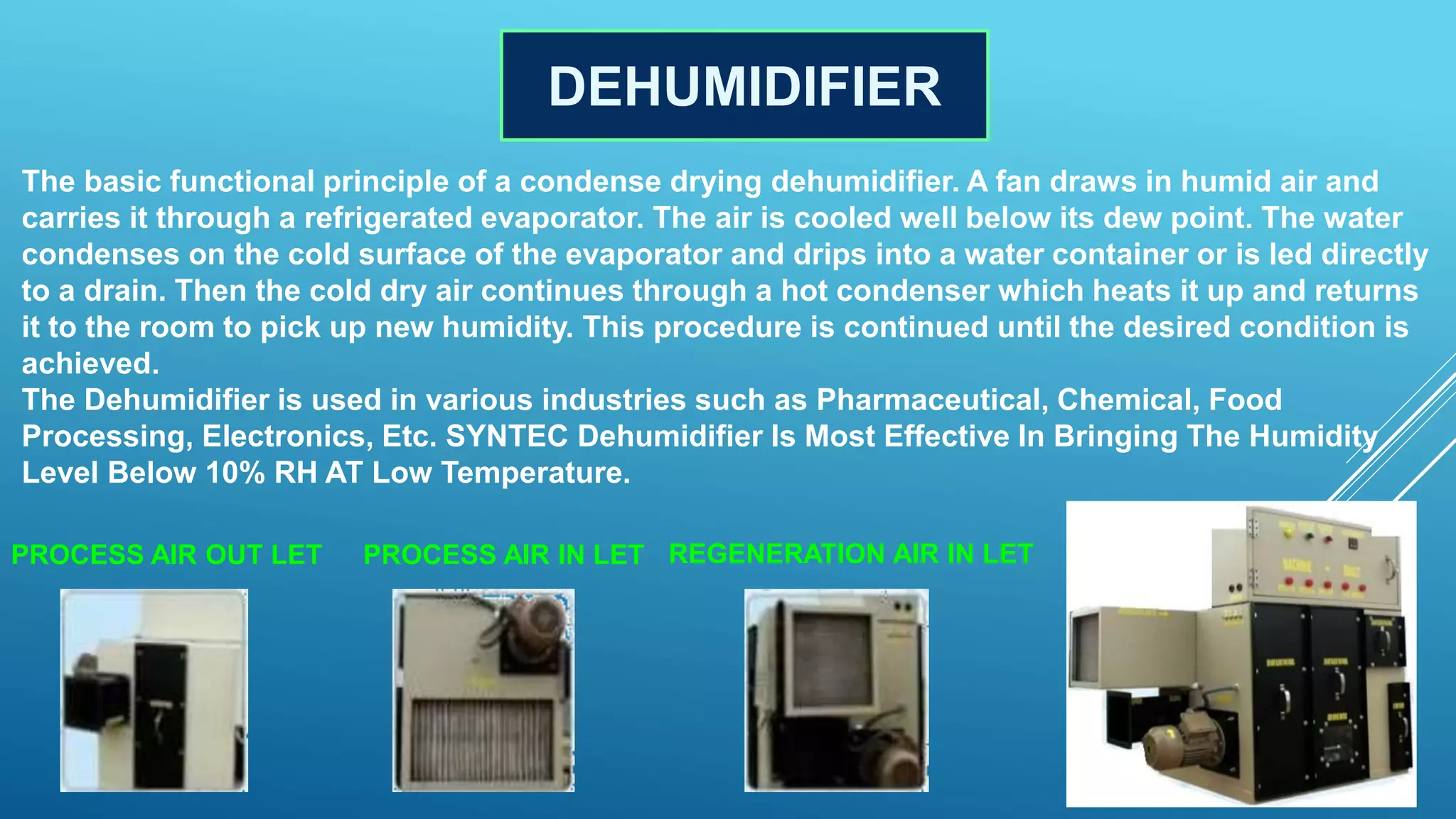 DEHUMIDIFIER
The basic functional principle of a condense drying dehumidifier. A fan draws in humid air and
carries it through a refrigerated evaporator. The air is cooled well below its dew point. The water
condenses on the cold surface of the evaporator and drips into a water container or is led directly
to a drain. Then the cold dry air continues through a hot condenser which heats it up and returns
it to the room to pick up new humidity. This procedure is continued until the desired condition is
achieved.
The Dehumidifier is used in various industries such as Pharmaceutical, Chemical, Food
Processing, Electronics, Etc. SYNTEC Dehumidifier Is Most Effective In Bringing The Humidity
Level Below 10% RH AT Low Temperature.
PROCESS AIR IN LET REGENERATION AIR IN LETPROCESS AIR OUT LET
 
