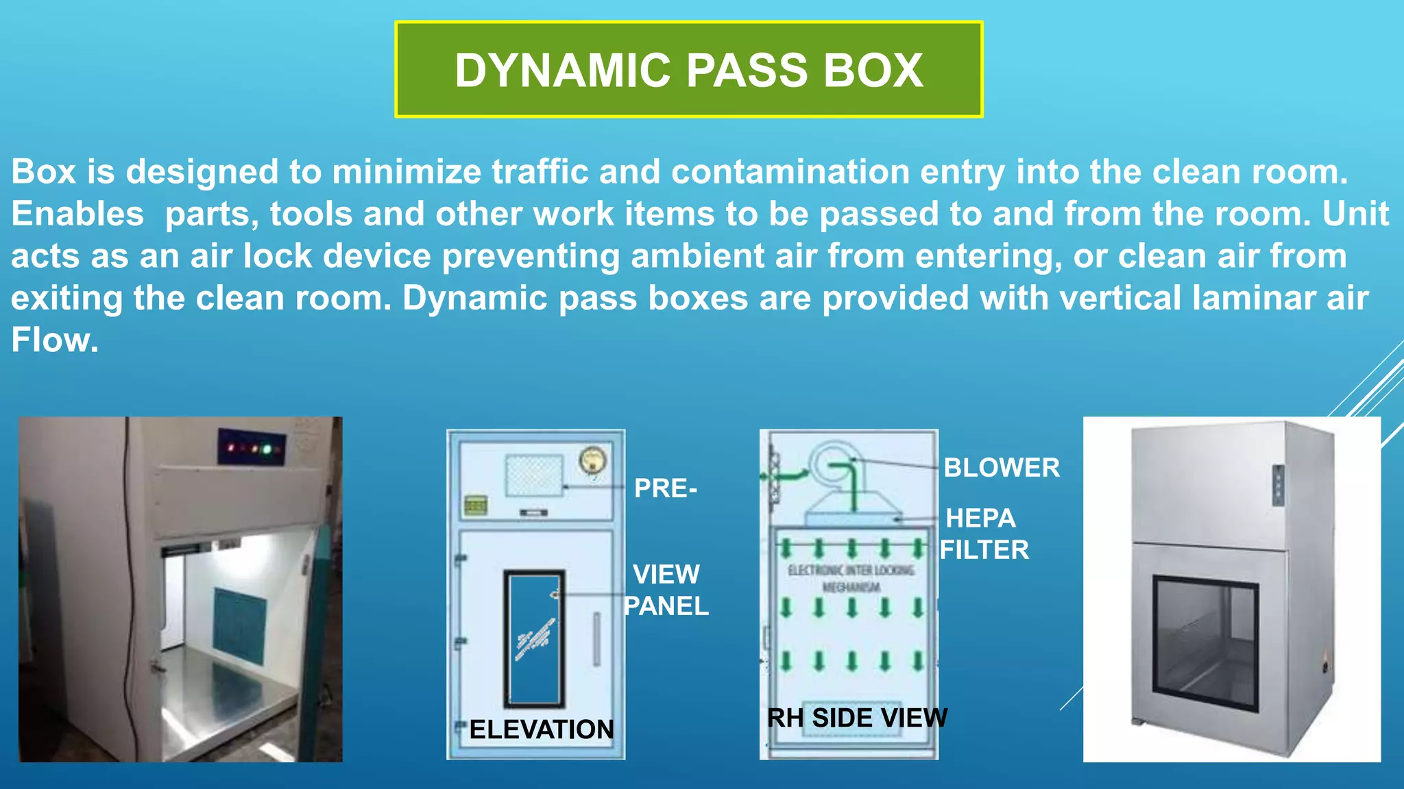 DYNAMIC PASS BOX
Box is designed to minimize traffic and contamination entry into the clean room.
Enables parts, tools and other work items to be passed to and from the room. Unit
acts as an air lock device preventing ambient air from entering, or clean air from
exiting the clean room. Dynamic pass boxes are provided with vertical laminar air
Flow.
PRE-
VIEW
PANEL
ELEVATION
HEPA
FILTER
BLOWER
RH SIDE VIEW
 
