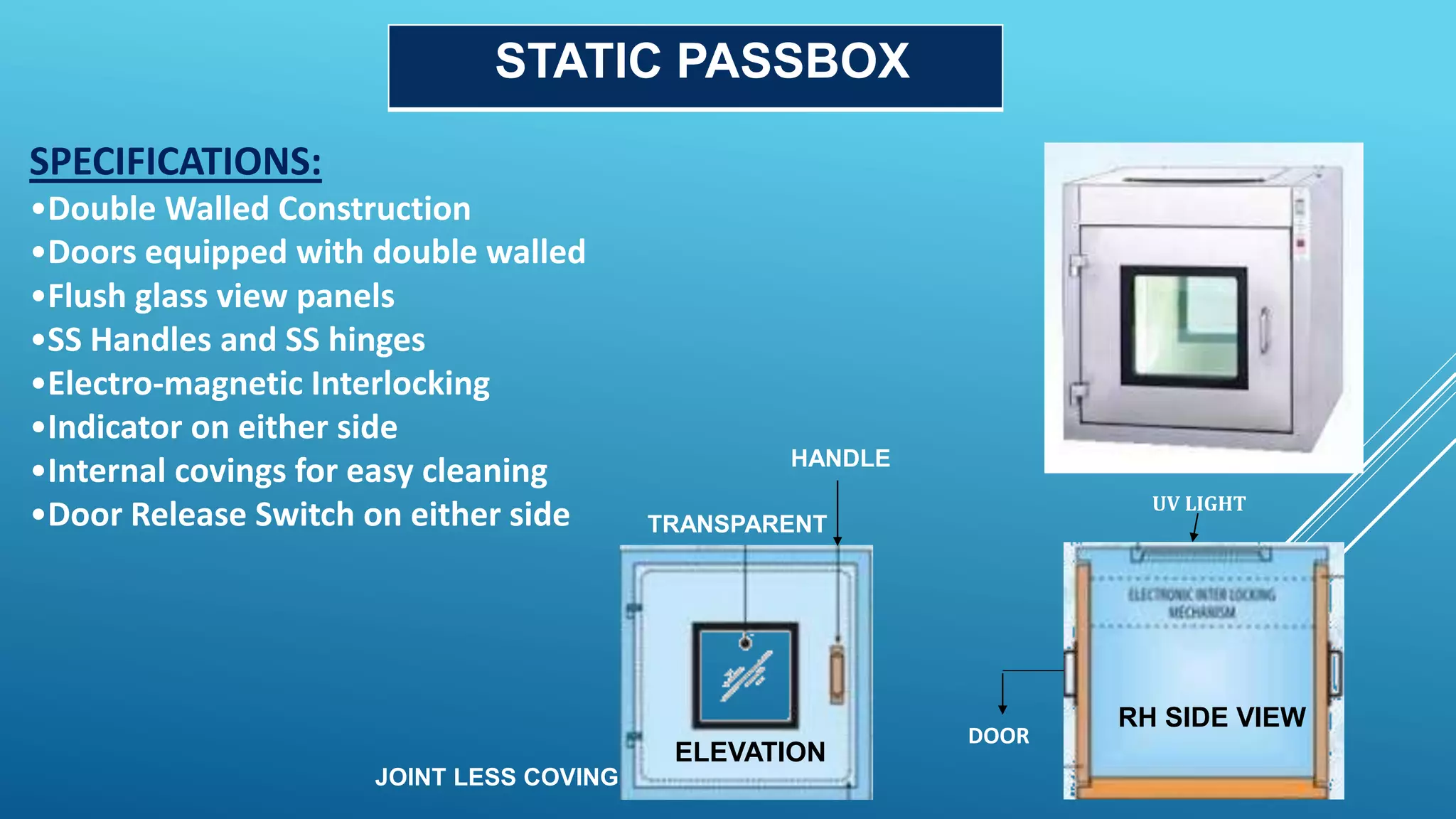 SPECIFICATIONS:
•Double Walled Construction
•Doors equipped with double walled
•Flush glass view panels
•SS Handles and SS hinges
•Electro-magnetic Interlocking
•Indicator on either side
•Internal covings for easy cleaning
•Door Release Switch on either side
STATIC PASSBOX
RH SIDE VIEW
DOOR
UV LIGHT
JOINT LESS COVING
ELEVATION
HANDLE
TRANSPARENT
 