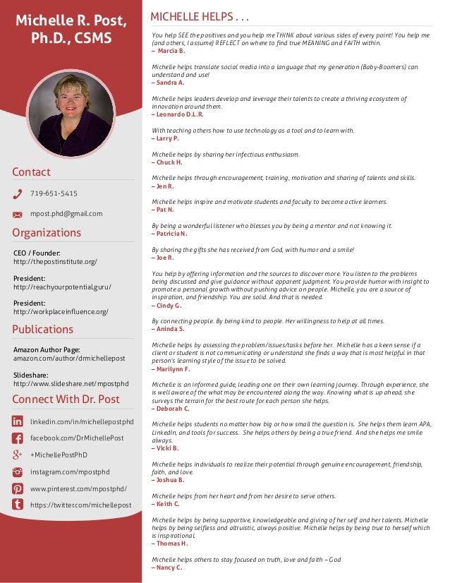 Contact
719-651-5415
mpost.phd@gmail.com
Connect With Dr. Post
linkedin.com/in/michellepostphd
facebook.com/DrMichellePost...