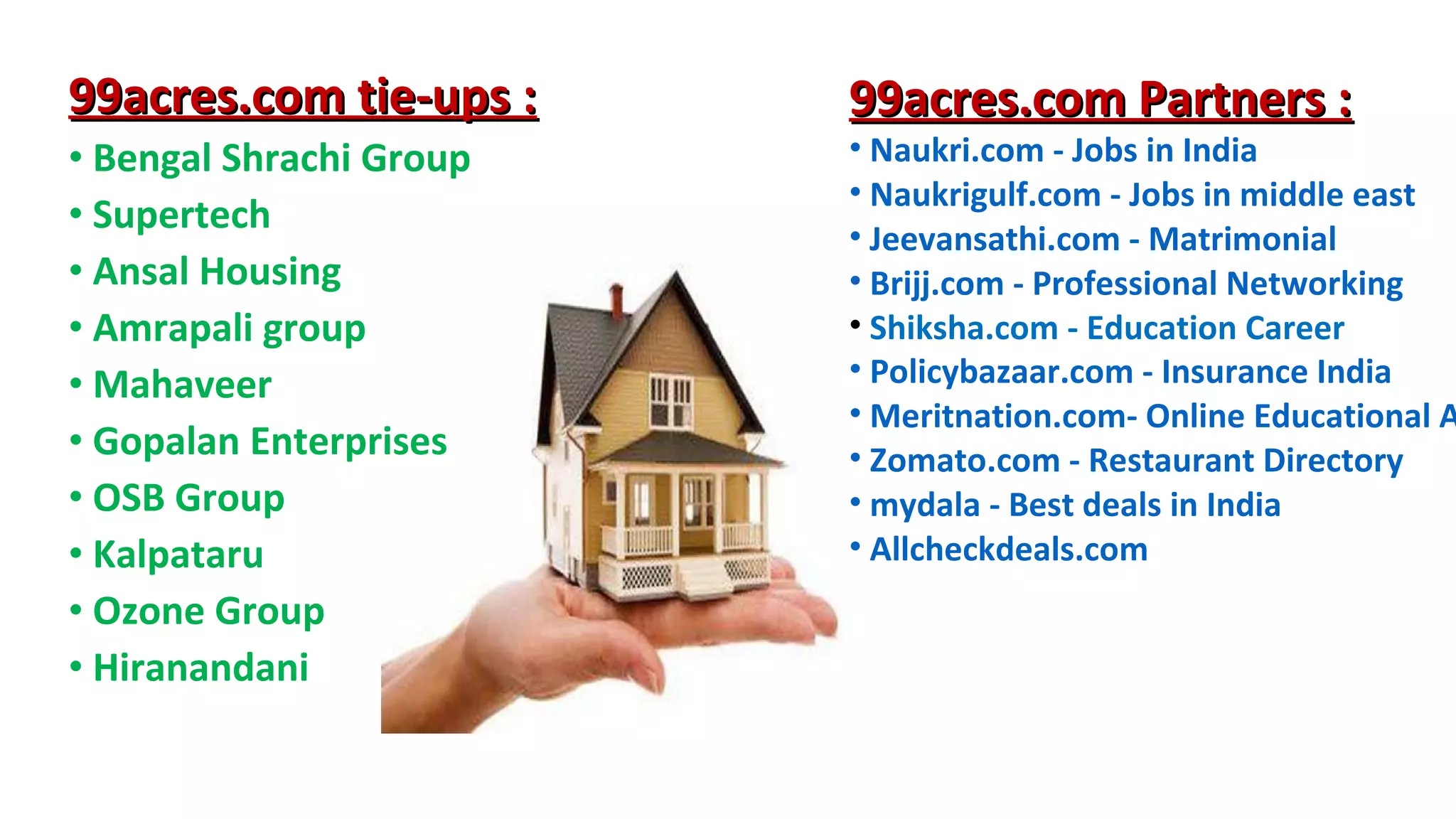 99acres.com tie-ups :
• Bengal Shrachi Group
• Supertech
• Ansal Housing
• Amrapali group
• Mahaveer
• Gopalan Enterprises
• OSB Group
• Kalpataru
• Ozone Group
• Hiranandani

99acres.com Partners :

• Naukri.com - Jobs in India
• Naukrigulf.com - Jobs in middle east
• Jeevansathi.com - Matrimonial
• Brijj.com - Professional Networking
• Shiksha.com - Education Career
• Policybazaar.com - Insurance India
• Meritnation.com- Online Educational A
• Zomato.com - Restaurant Directory
• mydala - Best deals in India
• Allcheckdeals.com

 