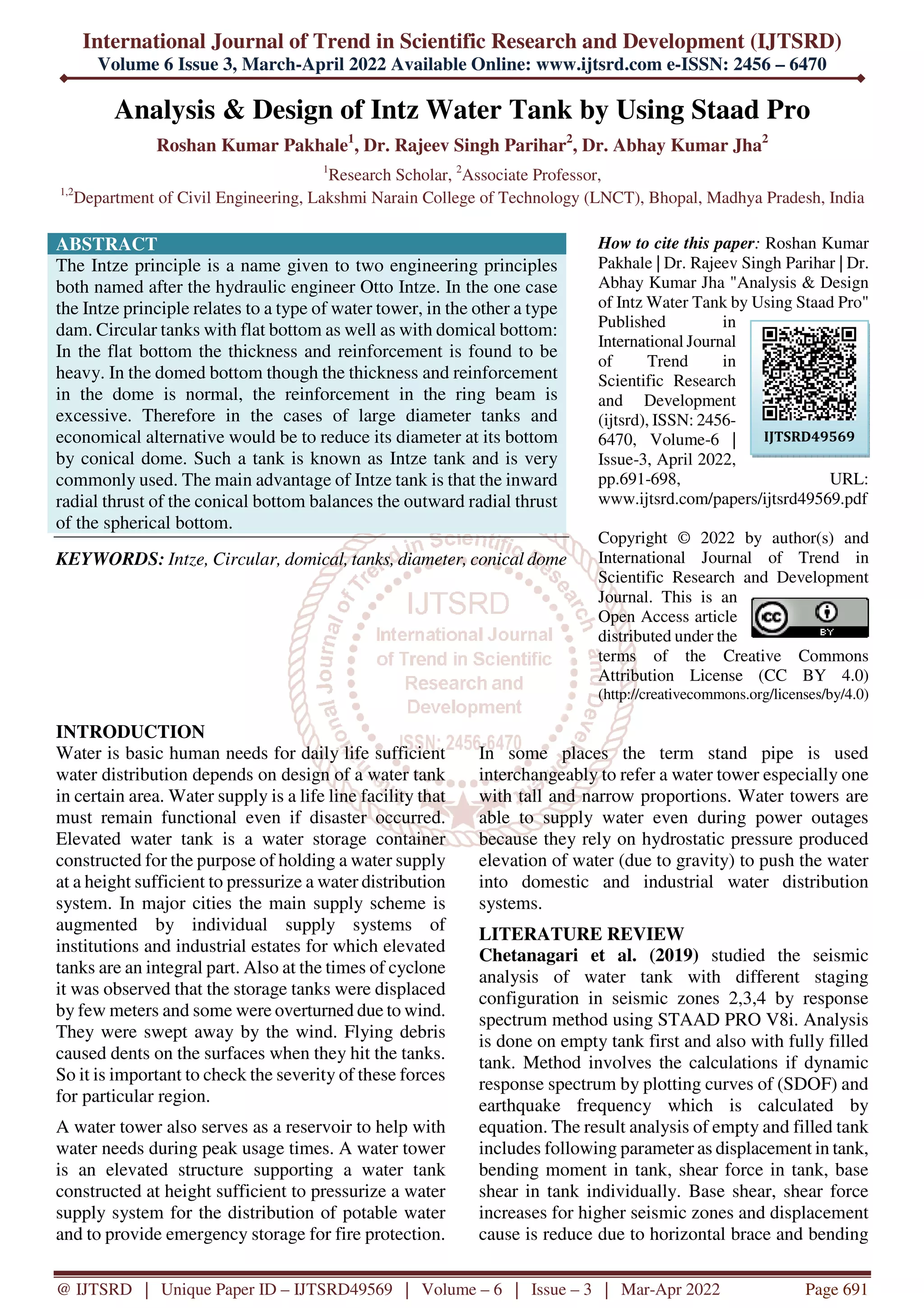 Analysis and Design of Intz Water Tank by Using Staad Pro PDF