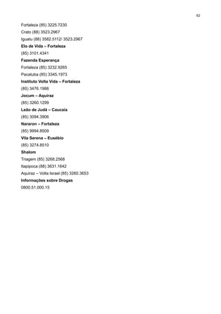 62

Fortaleza (85) 3225.7230
Crato (88) 3523.2967
Iguatu (88) 3582.5112/ 3523.2967
Elo de Vida – Fortaleza
(85) 3101.4341
Fazenda Esperança
Fortaleza (85) 3232.9265
Pacatuba (85) 3345.1973
Instituto Volta Vida – Fortaleza
(85) 3476.1988
Jocum – Aquiraz
(85) 3260.1299
Leão de Judá – Caucaia
(85) 3094.3906
Nararon – Fortaleza
(85) 9994.8509
Vila Serena – Eusébio
(85) 3274.8510
Shalom
Triagem (85) 3268.2568
Itapipoca (88) 3631.1642
Aquiraz – Volta Israel (85) 3260.3653
Informações sobre Drogas
0800.51.000.15

 