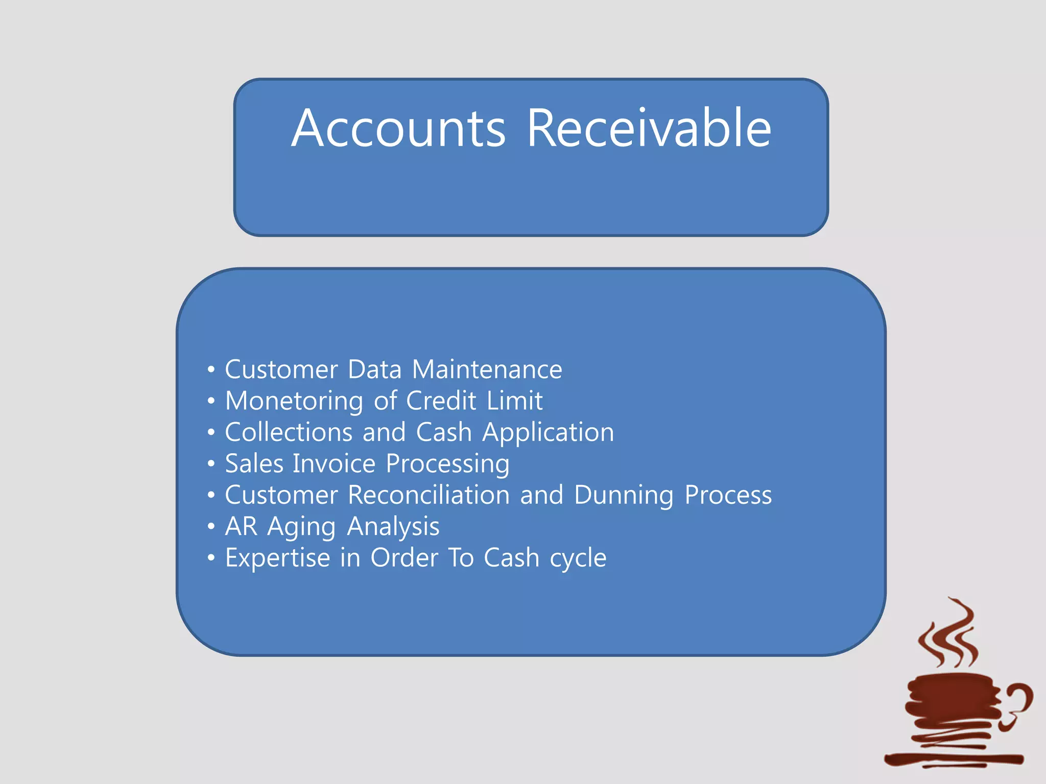 Accounts Receivable
• Customer Data Maintenance
• Monetoring of Credit Limit
• Collections and Cash Application
• Sales Invoice Processing
• Customer Reconciliation and Dunning Process
• AR Aging Analysis
• Expertise in Order To Cash cycle
 