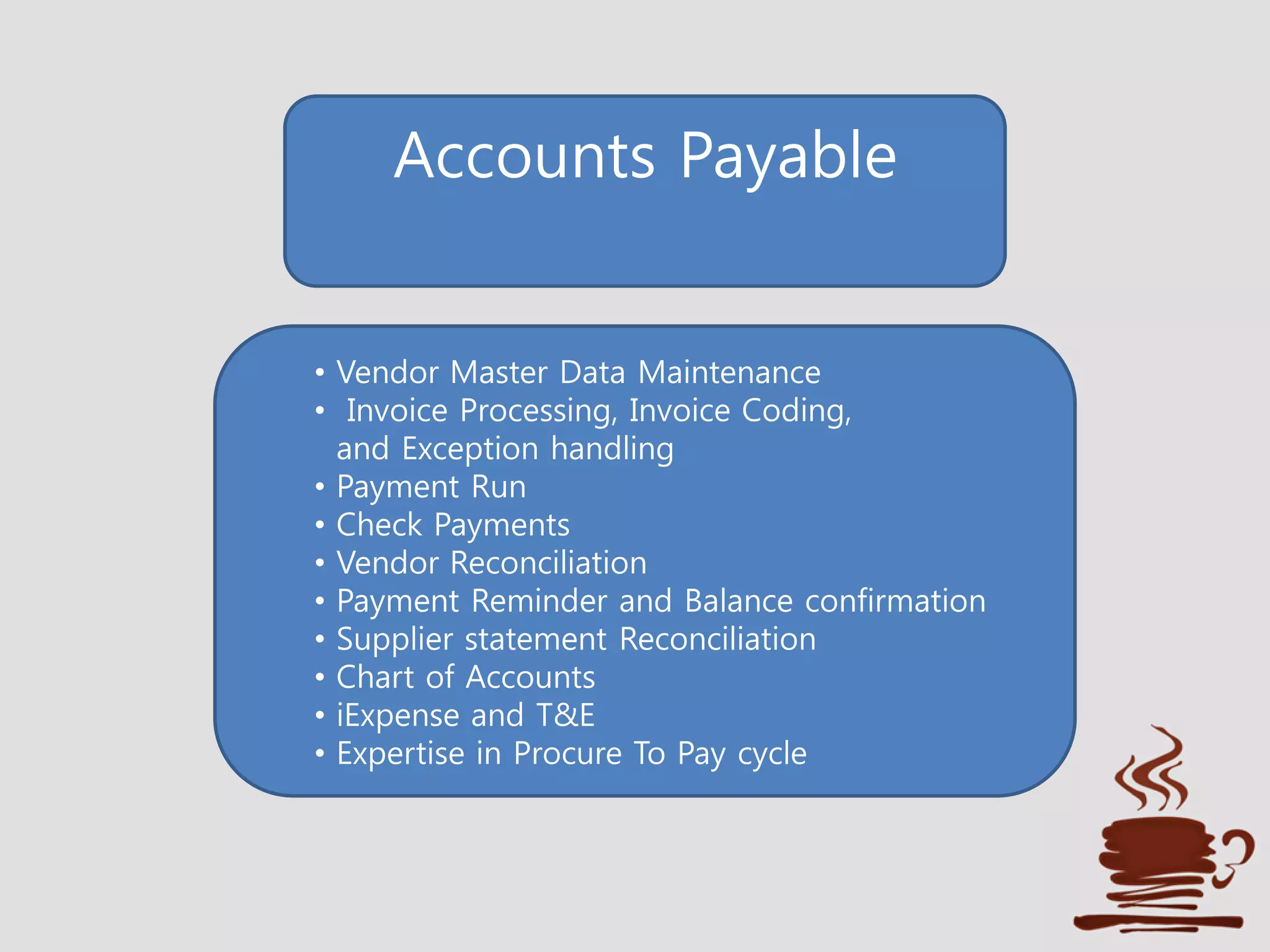 Accounts Payable
• Vendor Master Data Maintenance
• Invoice Processing, Invoice Coding,
and Exception handling
• Payment Run
• Check Payments
• Vendor Reconciliation
• Payment Reminder and Balance confirmation
• Supplier statement Reconciliation
• Chart of Accounts
• iExpense and T&E
• Expertise in Procure To Pay cycle
 