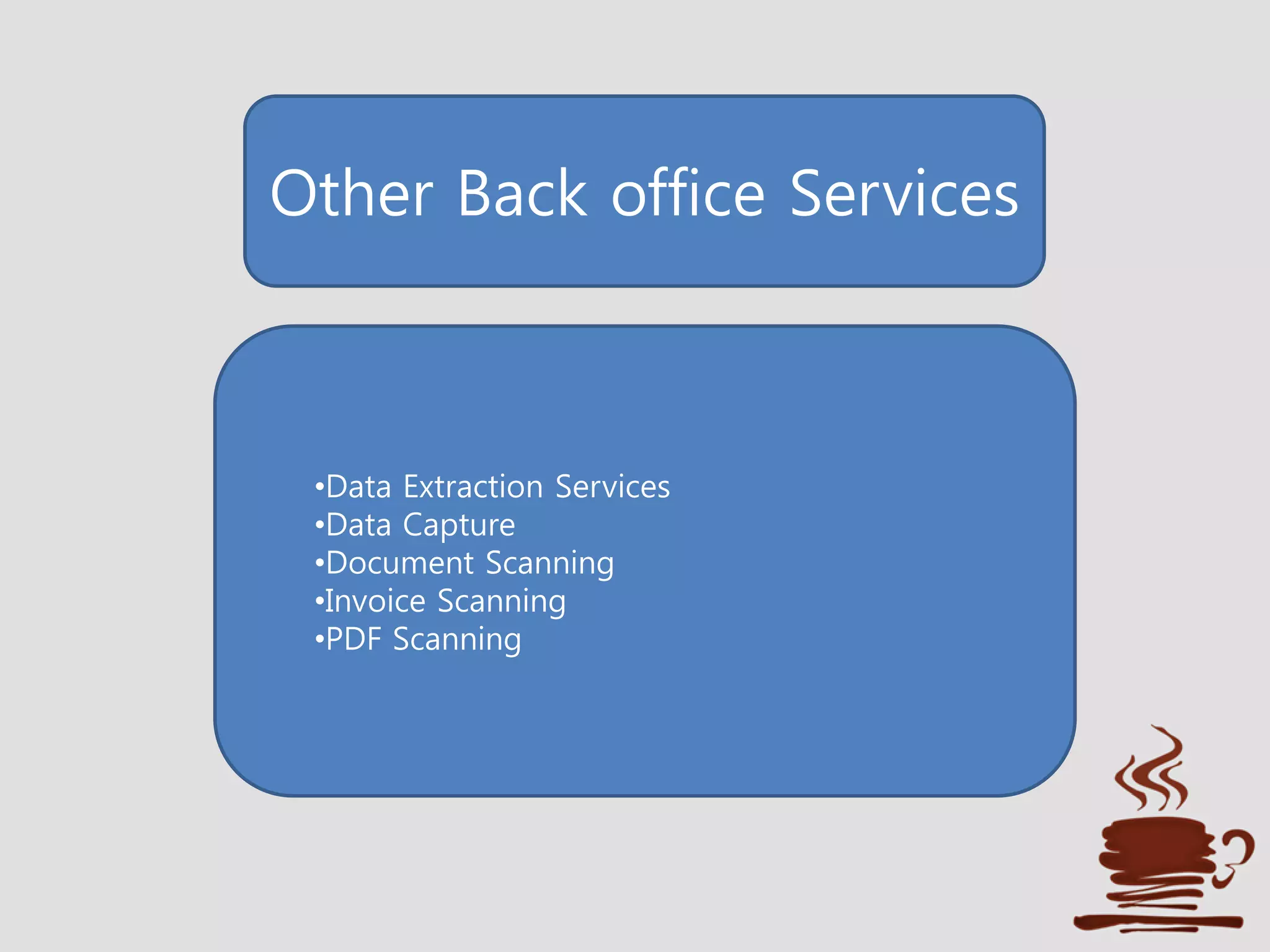 Other Back office Services
•Data Extraction Services
•Data Capture
•Document Scanning
•Invoice Scanning
•PDF Scanning
 