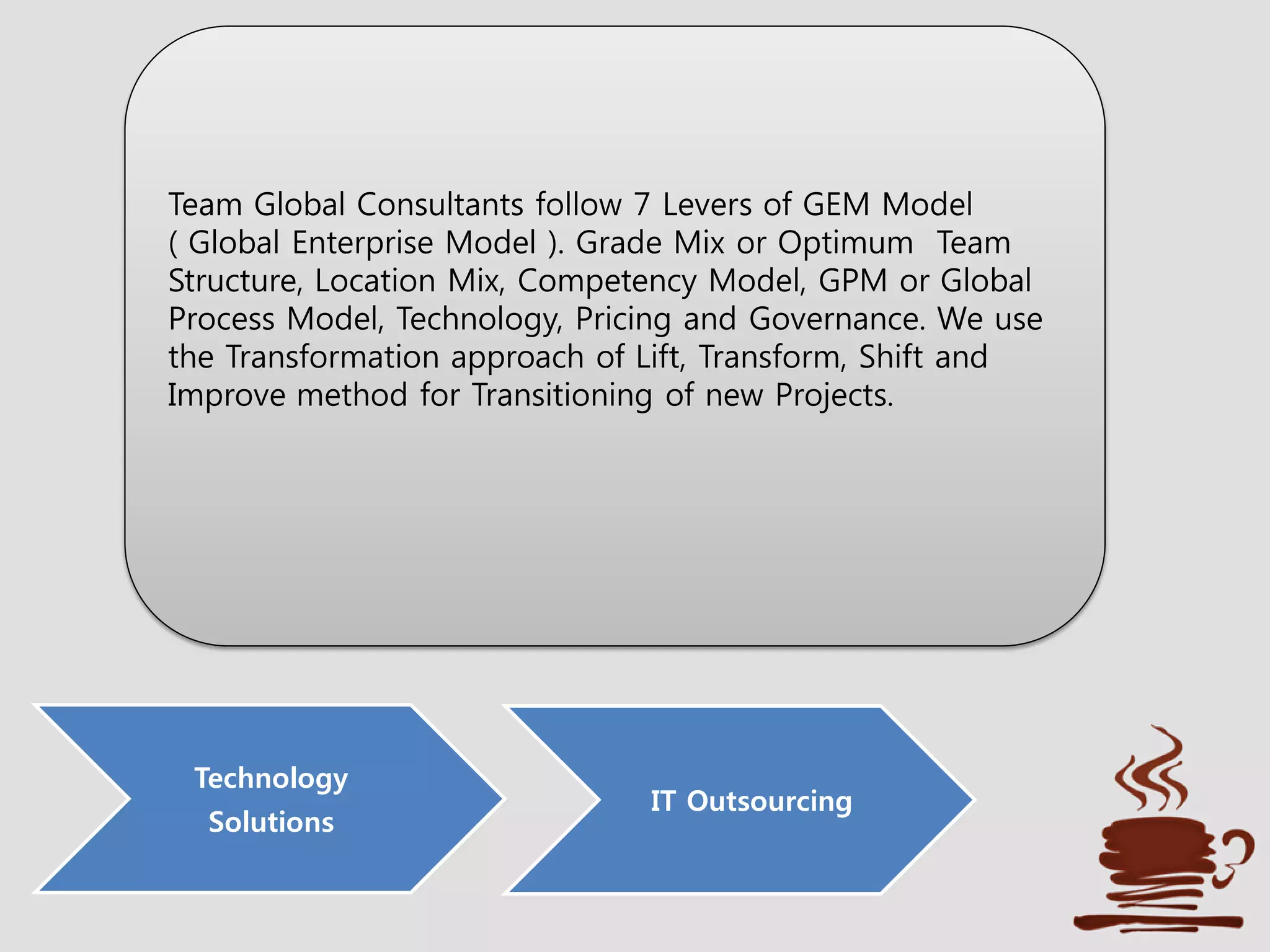 Technology
Solutions
IT Outsourcing
Team Global Consultants follow 7 Levers of GEM Model
( Global Enterprise Model ). Grade Mix or Optimum Team
Structure, Location Mix, Competency Model, GPM or Global
Process Model, Technology, Pricing and Governance. We use
the Transformation approach of Lift, Transform, Shift and
Improve method for Transitioning of new Projects.
 