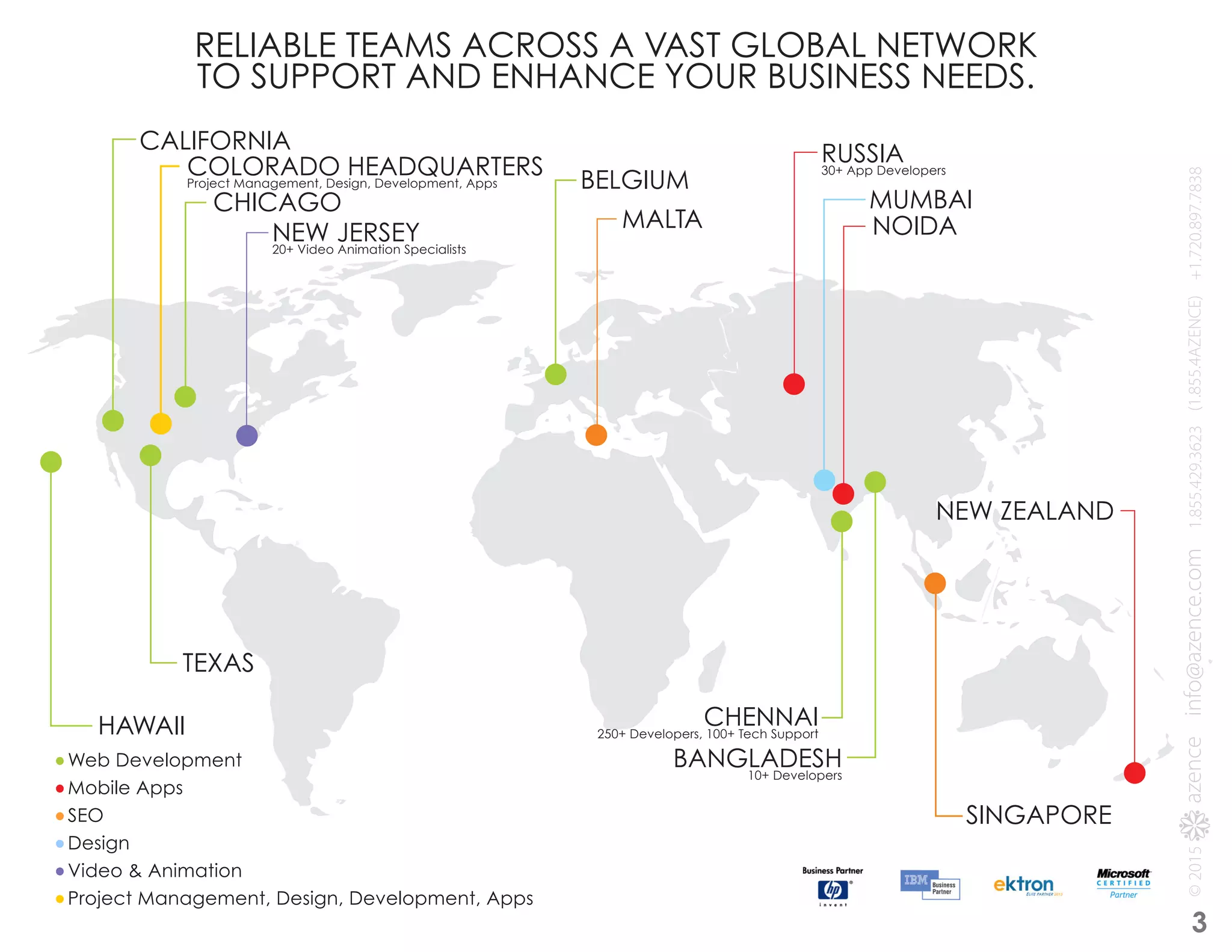 COLORADO HEADQUARTERSProject Management, Design, Development, Apps
CHICAGO
TEXAS
CHENNAI250+ Developers, 100+ Tech SupportHAWAII
CALIFORNIA
MALTA
SINGAPORE
NEW JERSEY20+ Video Animation Specialists
RUSSIA30+ App Developers
BELGIUM
NEW ZEALAND
MUMBAI
NOIDA
BANGLADESH10+ Developers
RELIABLE TEAMS ACROSS A VAST GLOBAL NETWORK
TO SUPPORT AND ENHANCE YOUR BUSINESS NEEDS.
Web Development
Mobile Apps
SEO
Design
Video & Animation
Project Management, Design, Development, Apps
3
 