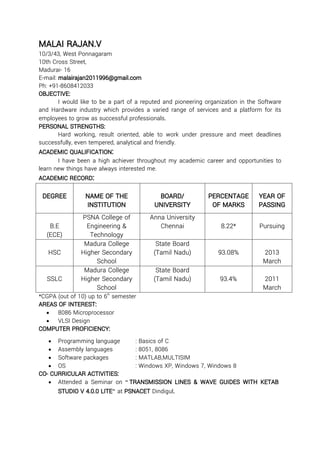 MALAI RAJAN.V
10/3/43, West Ponnagaram
10th Cross Street,
Madurai- 16
E-mail: malairajan2011996@gmail.com
Ph: +91-8608412033
OBJECTIVE:
I would like to be a part of a reputed and pioneering organization in the Software
and Hardware industry which provides a varied range of services and a platform for its
employees to grow as successful professionals.
PERSONAL STRENGTHS:
Hard working, result oriented, able to work under pressure and meet deadlines
successfully, even tempered, analytical and friendly.
ACADEMIC QUALIFICATION:
I have been a high achiever throughout my academic career and opportunities to
learn new things have always interested me.
ACADEMIC RECORD:
DEGREE NAME OF THE
INSTITUTION
BOARD/
UNIVERSITY
PERCENTAGE
OF MARKS
YEAR OF
PASSING
B.E
(ECE)
PSNA College of
Engineering &
Technology
Anna University
Chennai 8.22* Pursuing
HSC
Madura College
Higher Secondary
School
State Board
(Tamil Nadu) 93.08% 2013
March
SSLC
Madura College
Higher Secondary
School
State Board
(Tamil Nadu) 93.4% 2011
March
*CGPA (out of 10) up to 6
th
semester
AREAS OF INTEREST:
∙ 8086 Microprocessor
∙ VLSI Design
COMPUTER PROFICIENCY:
∙ Programming language : Basics of C
∙ Assembly languages : 8051, 8086
∙ Software packages : MATLAB,MULTISIM
∙ OS : Windows XP, Windows 7, Windows 8
CO- CURRICULAR ACTIVITIES:
∙ Attended a Seminar on “ TRANSMISSION LINES & WAVE GUIDES WITH KETAB
STUDIO V 4.0.0 LITE” at PSNACET Dindigul.
 