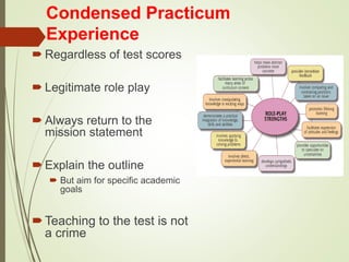 Condensed Practicum
Experience
 Regardless of test scores
 Legitimate role play
 Always return to the
mission statement
 Explain the outline
 But aim for specific academic
goals
Teaching to the test is not
a crime
 