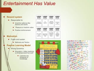 Entertainment Has Value
 Reward system
 Responsible for
 Incentive salience like
desires and wants
 Pleasure or hedonic value
 Positive reinforcement
 Motivation
 Foster and sustain
 Methods and Tactics
 Passive Learning Model
 Wrong Dynamics
 Education = bitter medicine
vs Entertainment=fun stuff
 Learners are
recipients of
knowledge
 