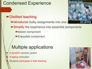 Condensed Experience
Distilled teaching
Miniaturize bulky assignments into one activity
Simplify the experience into essential components
lesson component
Enjoyable component
 A dynamic rewards system
 A lasting motivation
 Students participate in their learning
Multiple applications
 