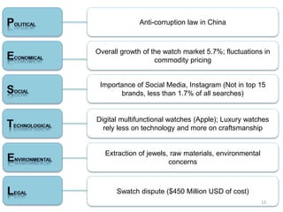 Anti-corruption law in China
Overall growth of the watch market 5.7%; fluctuations in
commodity pricing
Importance of Social Media, Instagram (Not in top 15
brands, less than 1.7% of all searches)
Digital multifunctional watches (Apple); Luxury watches
rely less on technology and more on craftsmanship
Extraction of jewels, raw materials, environmental
concerns
Swatch dispute ($450 Million USD of cost)
13
 