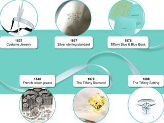 1837
Costume Jewelry
1848
French crown jewels
1867
Silver sterling standard
1878
The Tiffany Diamond
1878
Tiffany Blue & Blue Book
1886
The Tiffany Setting
3
 