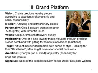 III. Brand Platform
7
Vision: Create precious jewelry pieces
according to excellent craftsmanship and
social responsibility
Mission: Amazing and extraordinary pieces
Personality: Chic & elegant woman (mother
& daughter) with romantic touch
Values: Unique, timeless (forever), quality
Positioning: One-of-a-kind jewelry that is valuable through precious
stones combined with gifting for romantic occasions (emotions)
Target: Affluent independent female with sense of style - looking for
their “Best friend”, Men as gift buyers for special occasions
Ambition: Synonym (top of mind) for jewelry (especially for
rings and jewels)
Signature: Spirit of the successful New Yorker Upper East side woman
 