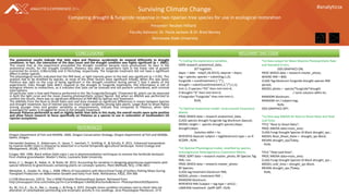 #analyticsx
Presenter: Reuben Hilliard
Faculty Advisors: Dr. Paula Jackson & Dr. Brad Barney
Kennesaw State University
CONCLUSIONS
Surviving Climate Change
Comparing drought & fungicide response in two riparian tree species for use in ecological restoration
The anatomical results indicate that Salix nigra and Platanus occidentalis do respond differently to drought
conditions. In fact, the interaction of the days count and the drought condition was highly significant (p < .0001).
This meant that as the experiment proceeded the drought condition became more pronounced. As seen in the
anatomical results, for the drought condition, Platanus was able to outperform Salix in the linear rate of growth
(corrected for errors), 0.86cm/Day and 0.74cm/Day, respectively. The fungicide treatment did not have a significant
effect in either species.
The physiological results indicated that the PAR level, or light intensity given to the leaf, was significant (p < 0.05). This
analysis had to be stratified by species, as none of the other factors were significant initially. When this was done,
Platanus was right on the cusp of being significant in the drought condition during period 2 (last 5 weeks of the
experiment). Even though Salix didn’t respond to the drought or fungicide treatments, this information is still of
biological interest to researchers, as it indicates that Salix can be stressed and still perform unhindered, with minimal
interruptions.
Of particular note is how well Platanus performed in the ‘No Fungicide/Drought’ (Treatment B), which can be observed
in both the light curve and the mean maxima photosynthetic output figures. But when an ANOVA was performed to
confirm the results, there was no significant difference at PAR 800 by Species and Treatment.
The ANOVAs from the Root to Shoot Ratio and Leaf Area showed no significant differences in means between Species
and Drought treatment, but of interest was the much larger variability among Salix plants. Larger Root to Shoot Ratios
among younger trees and greater variability in measurements, indicate that compared to Platanus, when Salix
scavenged for water, it struggled far more in the drought treatment.
Because Platanus performed as well or slightly better than Salix in this study, the overall results were quite positive
and allow future research to focus specifically on Platanus as a species to use in restoration of Southeastern US
riparian ecosystems.
RELEVANT SAS CODE
REFERENCES
*i) Coding the explanatory variables;
DATA research.anatomical_data;
SET together;
daysc = date - mdy(5,18,2015); dayscat = daysc;
tag = species; species = substr(tag,1,2);
fungicide = scan(treatment,1,"/");
drought = substr(scan(treatment,2,"/"),1,1);
tmt=1; if species="PO" then tmt=tmt+4;
if drought="D" then tmt=tmt+2;
if fungicide="Fungicide" then tmt=tmt+1;
RUN;
*ii) Optimal Anatomical model. Unstructured Covariance
Matrix;
PROC MIXED data = research.anatomical_data;
CLASS species drought fungicide tag blocknum dayscat;
MODEL height = species drought species|daysc
drought|daysc
/solution ddfm = kr;
REPEATED dayscat/ subject = tag(blocknum) type = un R
RCORR ; RUN;
*iii) Optimal Physiological model, stratified by species.
Autoregressive Heterogeneous Covariance Matrix;
PROC SORT data = research.master_photo; BY Species Tag
PAR; run;
PROC MIXED data = research.master_photo;
BY Species;
CLASS tag treatment blocknum PAR;
MODEL photo = treatment PAR ;
RANDOM blocknum;
REPEATED PAR /subject = tag type = arh(1) ;
LSMEANS treatment /pdiff tdiff ; RUN;
*iv) Data output for Mean Maxima Photosynthetic Rate
and Standard Errors;
ODS GRAPHICS ON;
PROC MIXED data = research.master_photo;
WHERE PAR = 800;
CLASS Tag blocknum fungicide drought species PAR
period;
MODEL photo = species*fungicide*drought
/ noint solution ddfm=kr;
RANDOM blocknum;
RANDOM int / subject=tag;
RUN;
ODS GRAPHICS OFF;
*iv) One-way ANOVA for Root to Shoot Ratio and Total
Leaf Area;
TITLE "Root to Shoot Ratio";
PROC ANOVA data=mass_area;
CLASS Fungi Drought Species ID Block drought_sps ;
MODEL Root_Shoot_Ratio = drought_sps Block;
MEANS drought_sps/Tukey;
RUN;
TITLE "Total Leaf Area";
PROC ANOVA data=mass_area;
CLASS Fungi Drought Species ID Block drought_sps ;
MODEL Leaf_Area = drought_sps Block;
MEANS drought_sps /Tukey;
RUN;
Oregon Department of Fish and Wildlife. 2006. Oregon Conservation Strategy. Oregon Department of Fish and Wildlife,
Salem, Oregon.
Hernandez-Santana, V., Asbjornsen, H., Sauer, T., Isenhart, T., Schilling, K., & Schultz, R. 2011. Enhanced transpiration
by riparian buffer trees in response to advection in a humid temperate agricultural landscape. Forest Ecology and
Management, 261(8), 1415-1427.
Conger, RM. 1996. Black willow (Salix nigra ) use in phytoremediation techniques to remove the herbicide bentazon
from shallow groundwater. Master’s thesis, Louisiana State University
Brien, C. J., Berger, B., Rabie, H., & Tester, M. 2013. Accounting for variation in designing greenhouse experiments with
special reference to greenhouses containing plants on conveyor systems. Plant Methods, 9(5), 1746-4811
Westphal, A., Snyder, N., Xing, L. 2008. Effects of Inoculations with Mycorrhizal Fungi of Soilless Potting Mixes During
Transplant Production on Watermelon Growth and Early Fruit Yield. HortScience, 43(2), 354-360
LI-COR Biosciences. (2013). The LI-6400 Portable Photosynthesis System. Retrieved from
http://envsupport.licor.com/index.jsp?m=Current&spec=LI6400,Brochures&menu= Photosynthesis%20Systems
Xu, W., Cui, K. , Xu, A., Nie, L., Huang, J., & Peng, S. 2015. Drought stress condition increases root to shoot ratio via
alteration of carbohydrate partitioning and enzymatic activity in rice seedlings. Acta Physiologiae Plantarum, 37:9
 