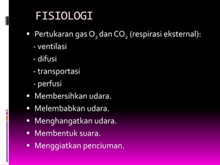 FISIOLOGI
 Pertukaran gas O2 dan CO2 (respirasi eksternal):
- ventilasi
- difusi
- transportasi
- perfusi
 Membersihkan udara.
 Melembabkan udara.
 Menghangatkan udara.
 Membentuk suara.
 Menggiatkan penciuman.
 