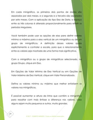 © 2017 - GILBERTO MENDES | Todos os direitos reservados
21
Em cada minigráfico, os primeiros dois pontos de dados são
separados por dois meses, e o segundo e o terceiro são separados
por sete meses. Com a aplicação do tipo Eixo de Data, o espaço
entre as três colunas é alterado proporcionalmente para refletir os
períodos irregulares.
Você também pode usar as opções de eixo para definir valores
mínimo e máximo para o eixo vertical de um minigráfico ou de um
grupo de minigráficos. A definição desses valores ajuda
explicitamente a controlar a escala, para que o relacionamento
entre os valores seja mostrado de uma forma mais significativa.
Com o minigráfico ou o grupo de minigráficos selecionado, no
grupo Grupo, clique em Eixo.
Em Opções de Valor Mínimo de Eixo Vertical ou em Opções de
Valor Máximo de Eixo Vertical, clique em Valor Personalizado.
Defina os valores mínimo ou máximo que melhor enfatizem os
valores nos minigráficos.
É possível aumentar a altura da linha que contém o minigráfico
para ressaltar com mais ênfase a diferença nos valores, caso
alguns sejam muito pequenos e outros, muito grandes.
 