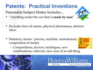 Patents: Practical Inventions
Patentable Subject Matter Includes…
• “Anything under the sun that is made by man”
• Excludes laws of nature, physical phenomena, abstract
ideas
• Statutory classes: process, machine, manufacture,
composition of matter
– Compositions, devices, techniques, new
combinations, software, new uses of an old thing
 