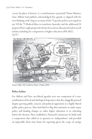 232 From Abbott to Turnbull
‘secure his place in history’ as a transformative (potential) Prime Minister.
Tony Abbott had publicly acknowledged this agenda as aligned with his
own thinking, with ‘a big yes to many of the 75 specific policies you urged on
me’. Of the ‘75 Radical Ideas to transform Australia’, and the additional 25
proposed later, eight proposed reforms focused on educational and research
reform, including ‘fee competition’ in higher education (IPA 2012).
Fig 10.1
Source: Pope, The Canberra Times, 23 June 2016.
Policy failure
For Abbott and Pyne, neo-liberal agendas were one component of a toxic
combination of fiscal and ideological imperatives that they doggedly pursued
despite growing public concern and political opposition in a highly flawed
public policy process. They had failed to flag their intention to make major
policy and funding changes to either higher education or to schooling
before the election. They established a National Commission of Audit with
a composition that called in to question its ‘independence’ and provided
an impossibly short time frame for reporting given the scope of savings
Source: Pope, The Canberra Times, 23 June 2016.
 